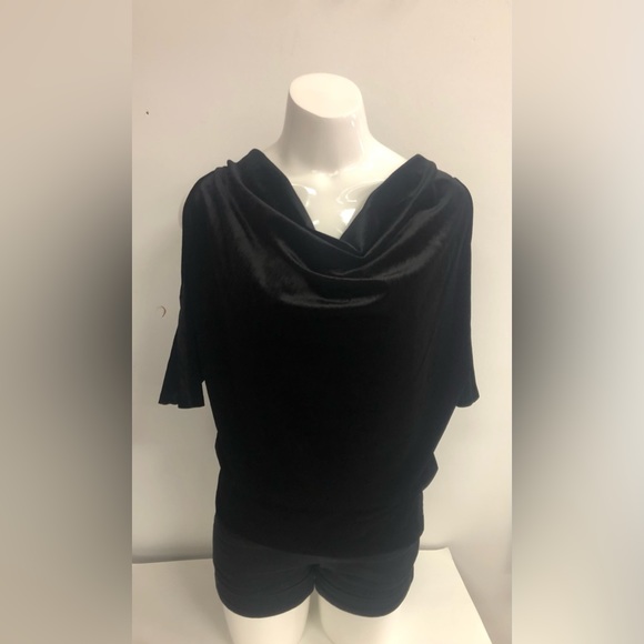 FOR CYNTHIA COLD SHOULDER ELBOW SLEEVES TIGHT WAIST FALLING NECK LINE VELVET TOP - Picture 3 of 9